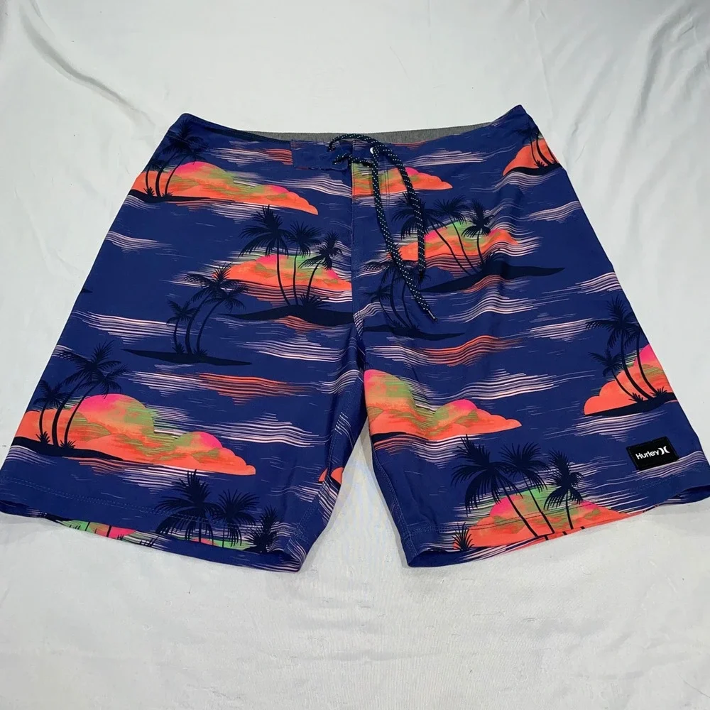 Hurley Phantom Mens Board Shorts Size 34 Navy Blue Tropical Sunset Palm Tree